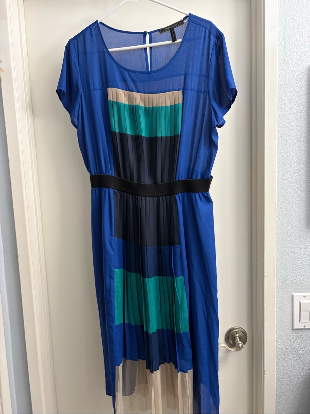 BCBGMaxAzria Blue Multi-Color Pleated Sheer Overlay Dress